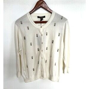 Tommy Bahama Le Petit Pineapple Beaded Cardigan Sweater Women Sz L 3/4 Slv NEW
